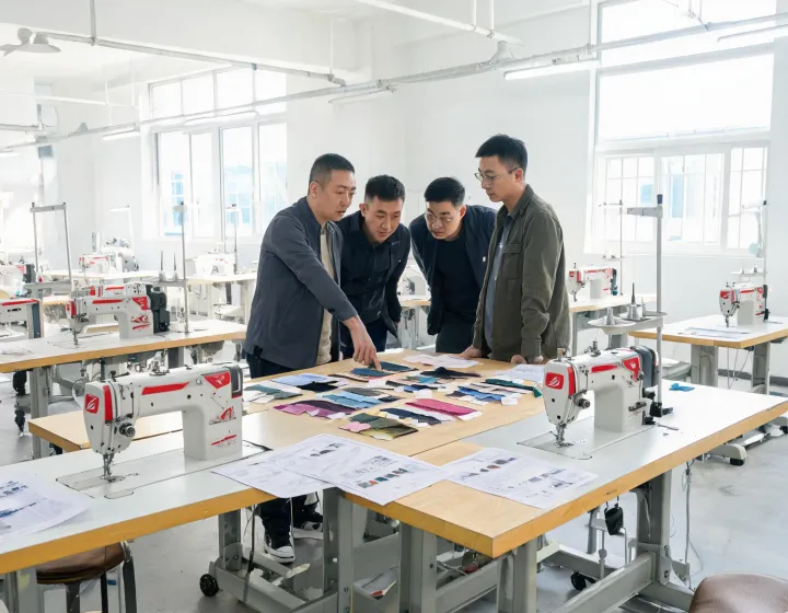 Industrial sewing training table with machine, samples and instruction sheets