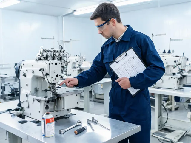 Maintenance technician checking sewing machine service points