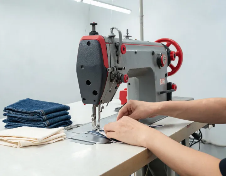Jack industrial sewing machine on an apparel production worktable