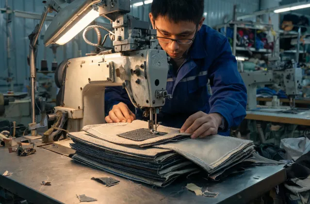 Bag sewing workstation with layered material and binding