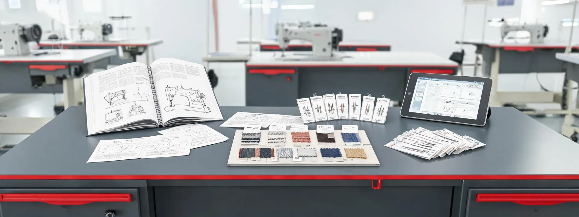 Industrial sewing resource desk with manuals, seam samples and model sheets